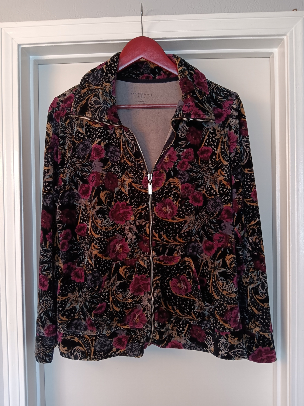 Karen Scott Black Velvet Floral Zip Jacket with Plum and Gold Accents